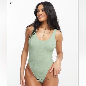ASOS design crinkle low back swimsuit in khaki